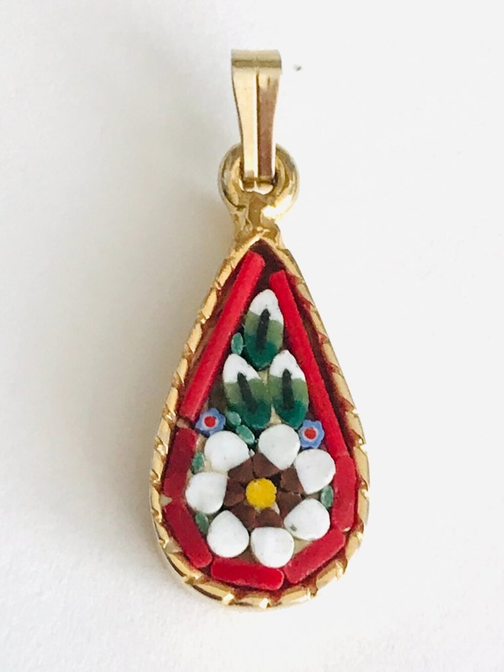 Micro Mosaic Pendant Gold Tone Flower Red